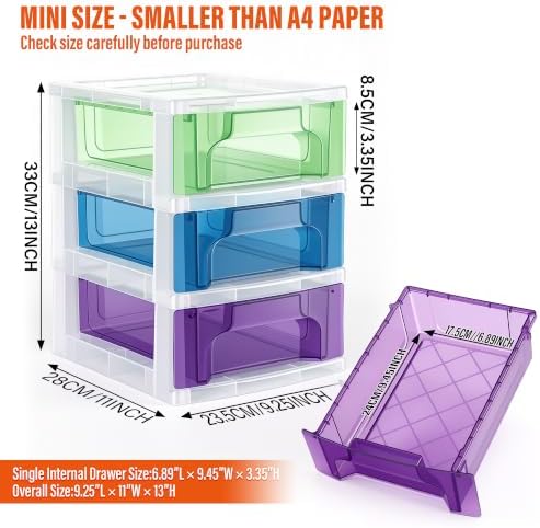Plastic Desktop 3-Drawer Storage Organizer,Stackable Craft Drawer Storage Container For Art Craft Supplies,Office School Home (Green-Blue-Purple) - Image 2