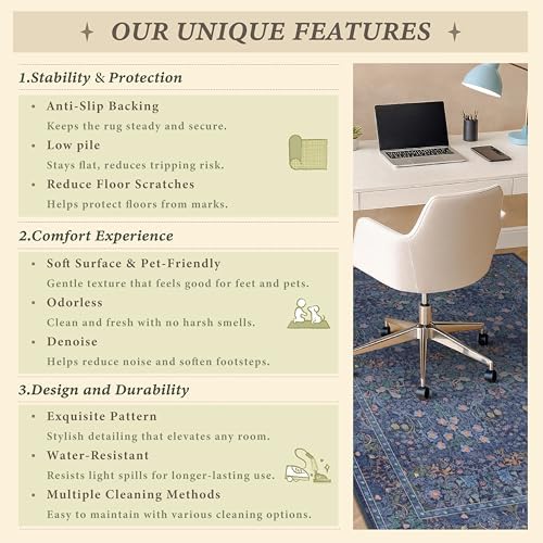 JTJ 5x6 Office Rug, Dark Blue Vintage Floral, Washable Non Slip - Image 6