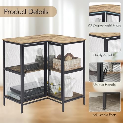 VECELO 3 Tier Corner Cabinet with Doors and Storage Shelves, Industrial TV Stand Multipurpose Free-Standing Table, for Small Space Living Room Home Office Kitchen, Oak Grey - Image 3