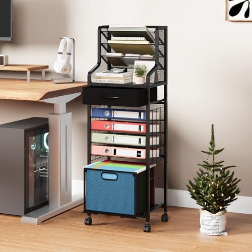 SWTYMIKI 10-Tier Rolling File Cart - Mesh Paper Organizer with Drawer and Hanging File Folders on Lockable Wheels, Rolling File Cabinet for Office Organization, Storage in Home, Studio, School, Black - Image 2