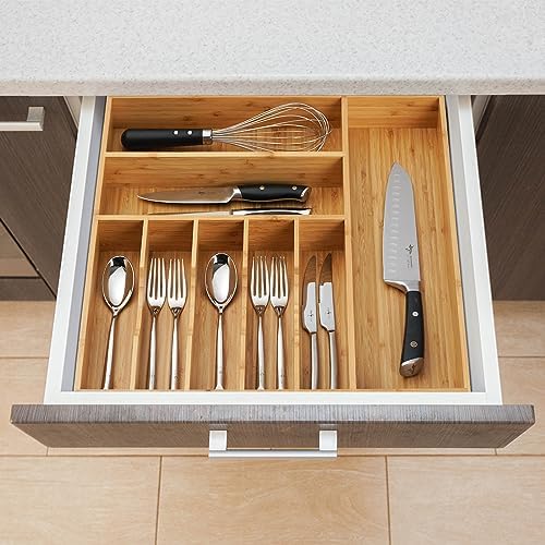 Umilife Large Kitchen Drawer Organizer, 19"x19" Silverware Utensils Organizer, 2.5" High for Large Deep Drawers, Bamboo Flatware Holder with Thick Frames, Sturdy Kitchen Organization Tray - Image 6