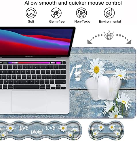 Ergonomic Keyboard Wrist Rest and Mouse Pad Wrist Rest Set,Dreamy Daisy Vintage Wood Board Live Laugh Love Large XXL Gaming Desk Mat 31.5"x 11.8",Non-Slip Base, Memory Foam,Easy Typing Pain Relief - Image 3