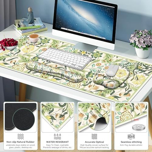 4 in 1 Large Mouse Pad, Keyboard Wrist Rest Set, Ergonomic Mouse Pad with Wrist Support, Desk Mat with Stitched Edges Extended Desk Pad Waterproof Desk Mat for Home Office Game I Green Flower Plants - Image 5