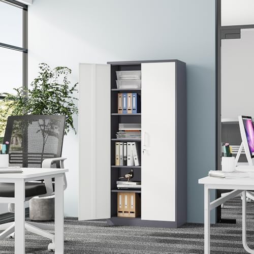 Fesbos Metal Cabinet Steel Storage Cabinet - 71” Tall Steel File Cabinets with Lockable Doors and 5 Adjustable Shelves Gray&White Storage Cabinets for Home, School, Office, Garage - Image 2