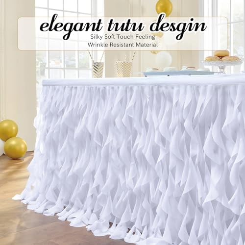 leegleri 14FT White Tutu Table Skirt for Rectangle&Round Tables-Tulle Curly Willow Table Skirt Decorations, White Ruffle Tablecloth for Wedding Bridal Shower Birthday Party Decorations - Image 2