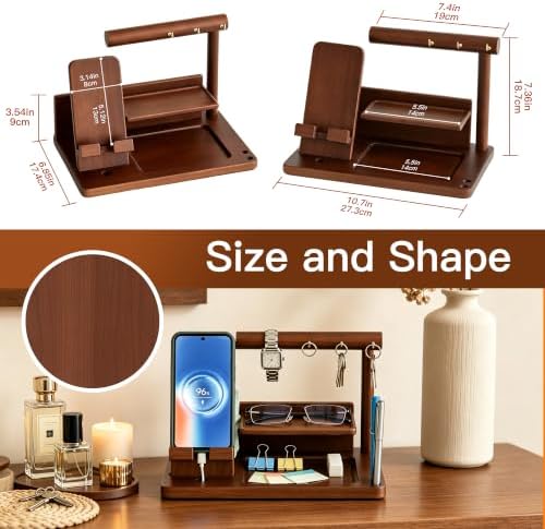 Wood Phone Docking Station for Men - Desktop Nightstand Organizer - Birthday Gifts for Men, Husband, Dad - Anniversary Ideas from Wife - Key Holder, Stand Wallet, Watch & Essentials for Bedroom Office - Image 2