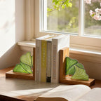 Maitys Ginkgo Leaves Bookends Oak Base, Green for Desk Shelves - Image 3