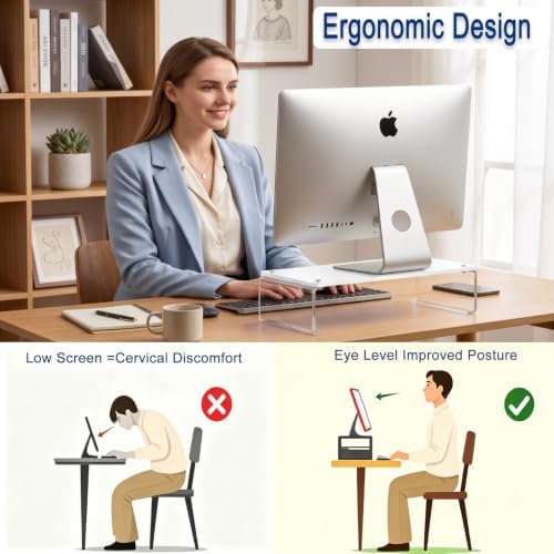 Acrylic Monitor Stand Riser L14" x H5" | Multi-Purpose Desk Organizer for Monitor & Laptop, Compatible with PC, Apple Studio Display and Printer, Ideal for Home Workspaces & Office Desks (White) - Image 5