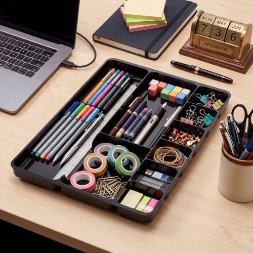 Junkin 4 Pcs Desk Drawer Organizer Tray 14" x 9" x 1",Black - Image 4