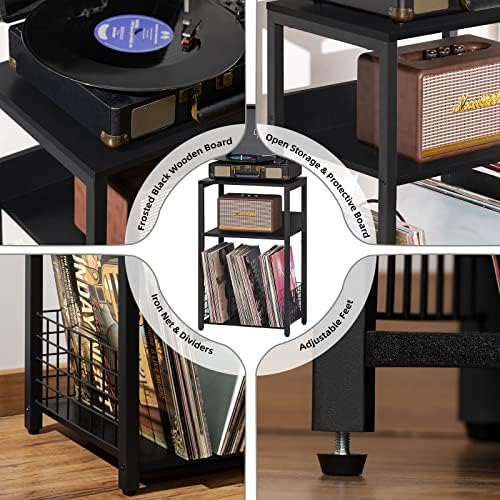 LELELINKY Black End Table, Small Side Table with Metal Frame,Modern Record Player Stand with Storage Shelf, Wood 3 Tier Sofa Bedside Tables, Narrow Nightstand for Living Room Bedroom Office - Image 6