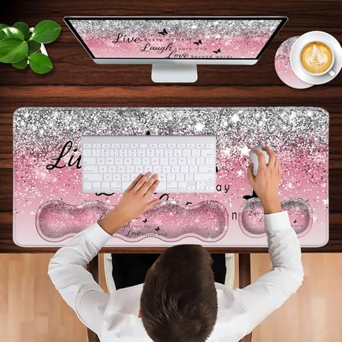 Keyboard Wrist Rest and Mouse Pad with Wrist Support Set Ergonomic Coaster,Memory Foam,Easy Typing Pain Relief,Large XL Desk Mat 31.5"x 11.8",Pink Glitter Quote Live Love Laugh - Image 4