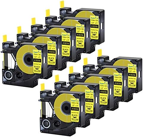 USUPERINK 10 Pack Compatible Labels Tape Replacement for DYMO 18056 12mm 1/2" x 5ft Black on Yellow Heat Shrink Tube Labels for Cables Use with Rhino 3000 4200 5200 5000 6000 Industrial Label Maker by USUPERINK
