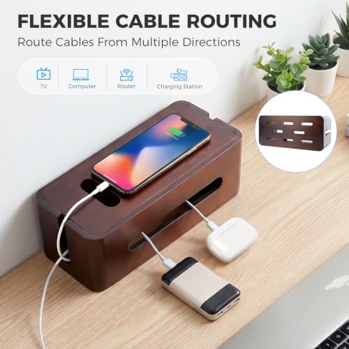 Large Wooden Cable Management Box, Cord Organizer for Power Strip, Surge Protector & Chargers, Ventilation Holes & Multi Cable Slots, Wire Hider for Desk, TV, Office & Gaming Setup - Image 3