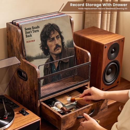 Vinyl Record Storage,Wooden Album Crate Holder,Holds up to 60 Records with Wood Drawer and Metal Dividers,Desk Accessories Storage Box for Home Kitchen Office Organization - Image 3