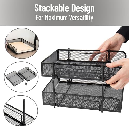 Mind Reader 2-Tier Stackable Paper Tray, Metal Mesh Desk Organizer for Files, Documents, and Mail, Office Desktop Storage, Set of 2, Black - Image 4