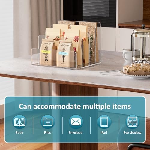 Sezanrpt Acrylic File Holder 4 Compartment, Clear Desk File Organizer, Acrylic Organizer for Books, Phone, Ipad, Envelope, Notebook, Calculator - Image 5