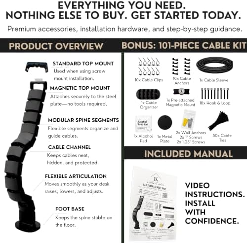 Under Desk Cable Management Spine, Standing Desk Wire & Cord Organizer, Adjustable 53 Inch Cable Spine, Magnetic & Screw-in Mount, Black Vertebrae - Image 5
