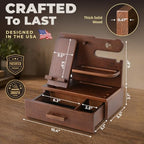 TESLYAR Wood Phone Docking Station with Drawer - Nightstand Organizer - Desk Organizer for Husband - Birthday Gifts for Men, Dad, Anniversary Idea, Key Holder Stand Watch & Accessories (Bourbon Brown) - Image 5