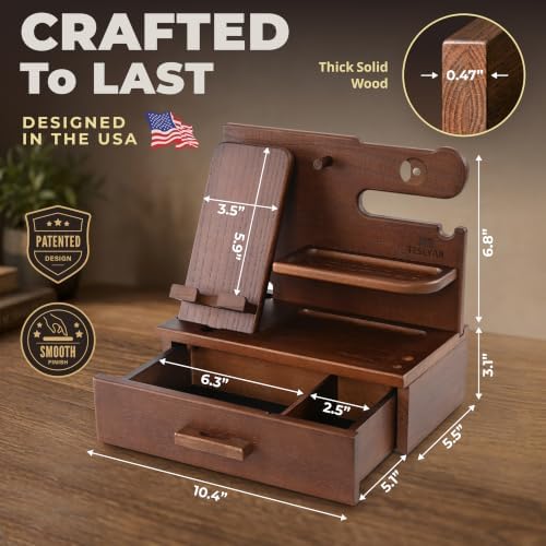 TESLYAR Wood Phone Docking Station with Drawer - Nightstand Organizer - Desk Organizer for Husband - Birthday Gifts for Men, Dad, Anniversary Idea, Key Holder Stand Watch & Accessories (Bourbon Brown) - Image 5
