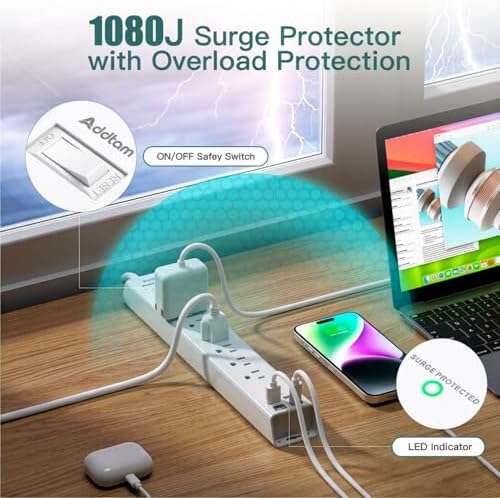 Addtam 15ft Power Strip Surge Protector, 6 Outlets and 4 USB Ports(2 USB C) - Image 6