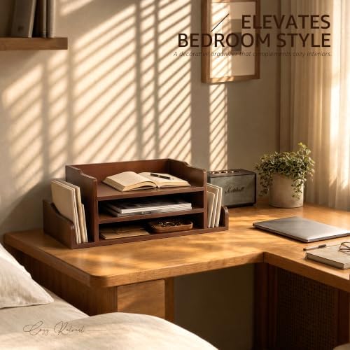 Wood Desk Organizer: File Organizer with 3-Tier Shelf and Side Slots, Brown - Image 4