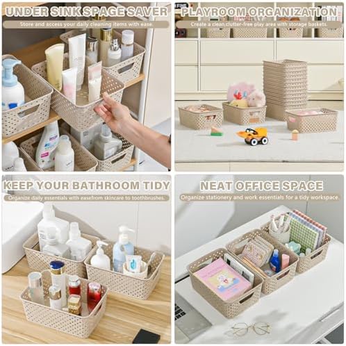 Homaigie 12 Pack Plastic Storage Baskets for Organizing, Storage Baskets for Shelves with Handles, Small Storage Bins with Labels, Classroom Storage Organization for Cabinet,Closet, Office,Natural - Image 5