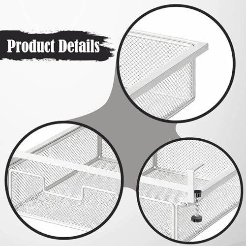 under Desk Drawer Basket Clamp on Container Saving Mesh Metal Desk Attachment File Holder Slide Out Organizer, White S - Image 2