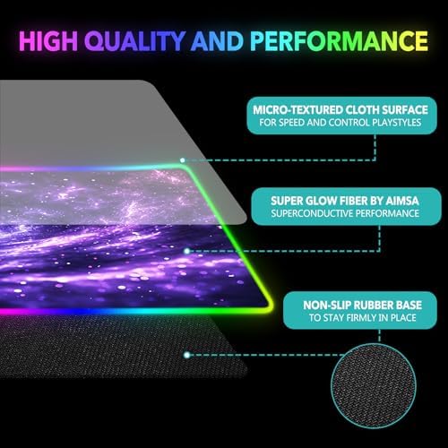 AIMSA RGB Mouse Pad LED Gaming Mouse Pad with 14 Lights Modes, Non-Slip Rubber Base Computer Carpet Desk Mat for PC Laptop (35.4 x 15.8 inch) Purple Blue Nebula - Image 5