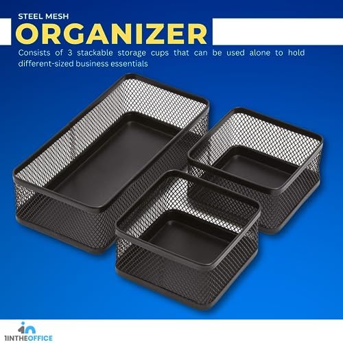 1InTheOffice Mesh Collection Desk Drawer Organizer Tray 3 Compartment - Stackable, Matte Black - Image 5