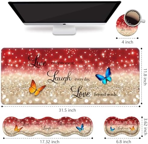 Ergonomic Keyboard Wrist Rest & Mouse Pad Wrist Rest Set,Large XXL Gaming Desk Mat 31.5"x 11.8",Non-Slip Base, Memory Foam,Easy Typing Pain Relief for Office & Home,Red Glitter Quote Live Laugh Love - Image 2
