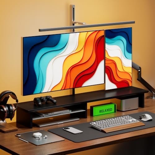 FENSULN Dual‑Tier Monitor Stand for Minimalist Wooden and Metal Riser Shelf Desktop Stands Organizer with Underneath Storage for Dual Monitors, Laptops, Home Office Aesthetic，Black - Image 2