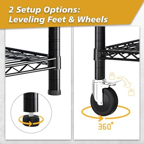 5 Tier Storage Racks Shelving, Heavy Steel Pantry Shelves, Adjustable Wire Shelving Rack with Wheels, Suitable for Garage, Kitchen, Bathroom, Office, 55" W x 24" D x 76" H, Black - Image 4