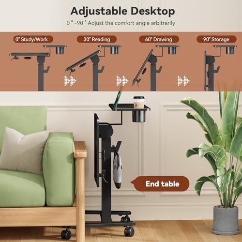 28" Mobile Standing Desk, Tiltable Top with 2-Tier Shelves, Black - Image 6