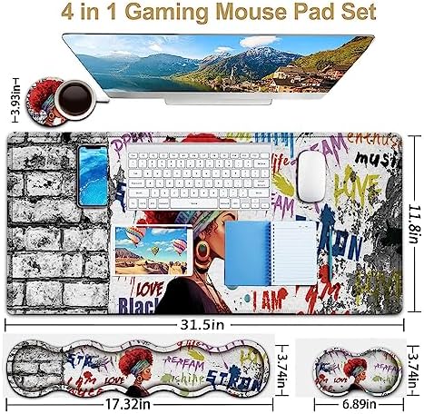 African Black Woman Graffiti Girls Desk Mat, Extended White Laptop Table Protector, Ergonomic Mouse Pad with Keyboard Wrist Rest Support - Image 2