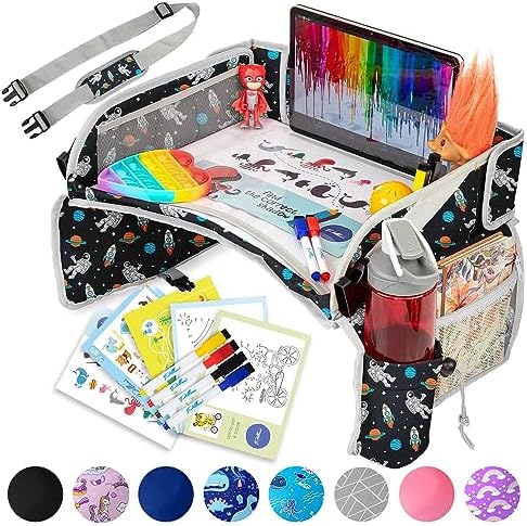 PILLANI Kids Travel Tray for Car - Car Seat Tray for Toddler, Roadtrip Essentials, Carseat Table Tray for Kids Road Trip Activities - Toddler Lap Desk Organizer for Airplane w/Dry Erase Surface by Pillani