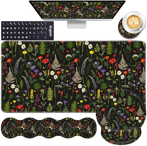 Mouse Pad,Large Pink Desk Mat, 4in1 XXL Mousepad + Keyboard Wrist Rest+Mouse Wrist Rest+Coaster Set with Ergonomic Desk Pad for Home Office Table Computer-Cute Flowers by CICPLKSE