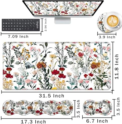 Keyboard Wrist Rest and Mouse Pad with Wrist Support Set Ergonomic Coaster,Memory Foam,Easy Typing Pain Relief,Large XL Desk Mat 31.5"x 11.8",Beautiful Floral - Image 2