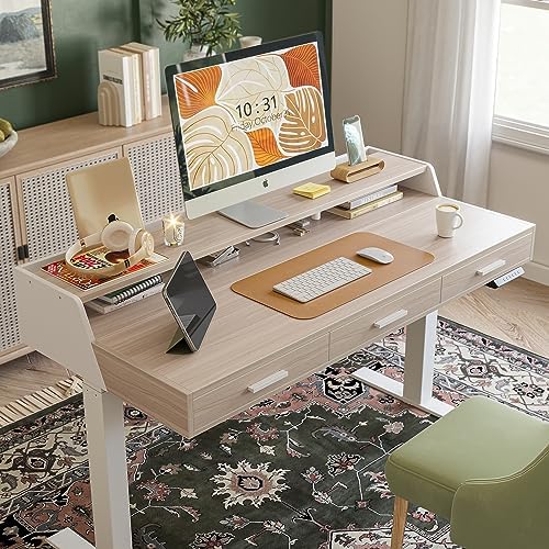 CubiCubi One-Piece Standing Desk 55x26 with 3 Wood Drawers, Light Walnut - Image 2