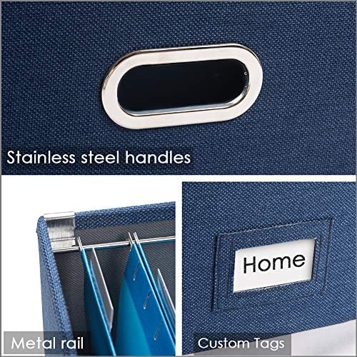 PRANDOM File Organizer Box - Set of 4 Collapsible Decorative Linen Filing Storage Hanging File Folders with Lids Office Cabinet Letter Size Navy Blue (14x9.3x10.8 inch) - Image 6