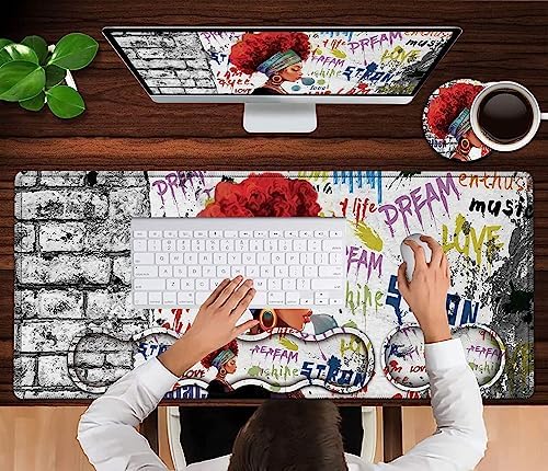 African Black Woman Graffiti Girls Desk Mat, Extended White Laptop Table Protector, Ergonomic Mouse Pad with Keyboard Wrist Rest Support - Image 4