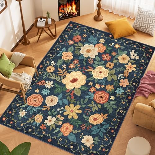 DUKINO 8x10 Area Rugs, Floral Washable Living Room Rug Non Slip, Navy Blue - Image 3