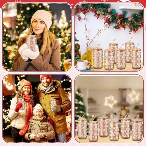 6 Pcs Christmas Glass Cup Bulk with Straw and Bamboo Lids 16 oz - Image 5