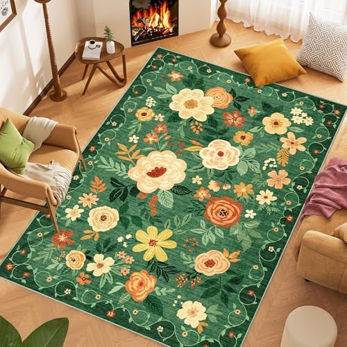 DUKINO 5x7 Area Rug Floral Washable Rug for Living Room Non Slip Dark Green - Image 3