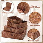 Didaey Set of 4 Seagrass Basket with Lid Wicker Storage Basket Decorative Storage Boxes with Lids Flat Storage Bins Woven Organizer Baskets for Shelf Closet Bedroom, 4 Sizes (Dark Brown) - Image 3