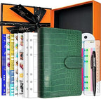 PU Leather Personal Notebook Planner with 80 Pages Loose-Leaf Papers 6 Holes Ring Binder Pen Holder Magnetic Buckle (Green Faux Crocodile Texture, A6 Gift Box) by Zelten