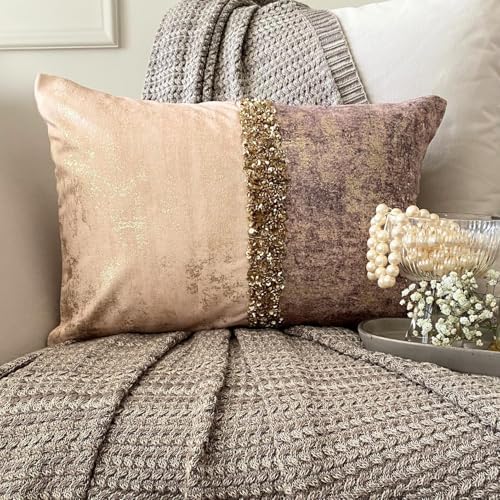 The HomeCentric Pack of 2 Decorative Lumbar Pillow Cover Ivory & Gold, 12"x24" (30x60 cm) Velvet Gold Foil, Sequins Embroidered, Handmade Lumbar Cushion Covers Abstract Modern - Shimmering Erosion - Image 3