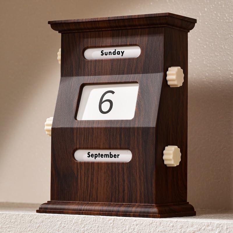 Vintage Manual Flip Desk Calendar, Never Expires, Rotating Month Week Day Date Display for Home Office,Retro Style, Reusable High-end Home Ornaments, Unique Gift,6.1 x 4.3 x 2.6 Inches(Wood Grain Brown Perpetual Calendar) - Image 3