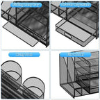 Lavatino Desk Organizer with File Holder, 5-Tier Paper Letter Tray Organizer with Sliding Drawer and 2 Pen Holder, Mesh Desktop File Organizer for Office Supplies (Black) - Image 5