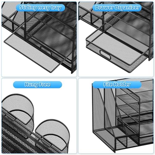Lavatino Desk Organizer with File Holder, 5-Tier Paper Letter Tray Organizer with Sliding Drawer and 2 Pen Holder, Mesh Desktop File Organizer for Office Supplies (Black) - Image 5