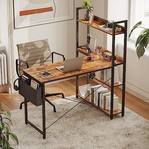 Treesland 47 Inch Computer Desk with Bookshelf, Corner Desk with Storage, L Shaped Desk, Home Office Desks, Writing Study Desk for Bedroom, Brown - Image 3